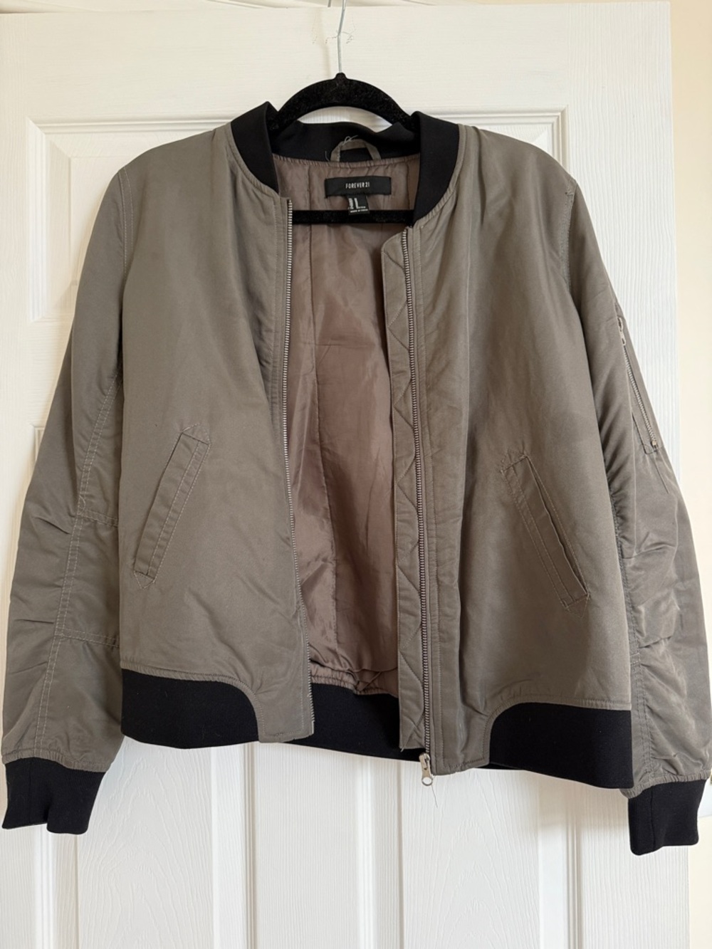 Forever 21 Olive Bomber Jacket with Black Trim